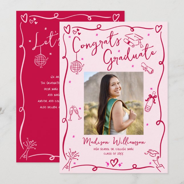 Pink Red Hand Drawn Doodles Graduation Photo Retro Announcement (Front/Back)