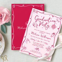 Pink Red Hand Drawn Doodles Graduation Retro Party