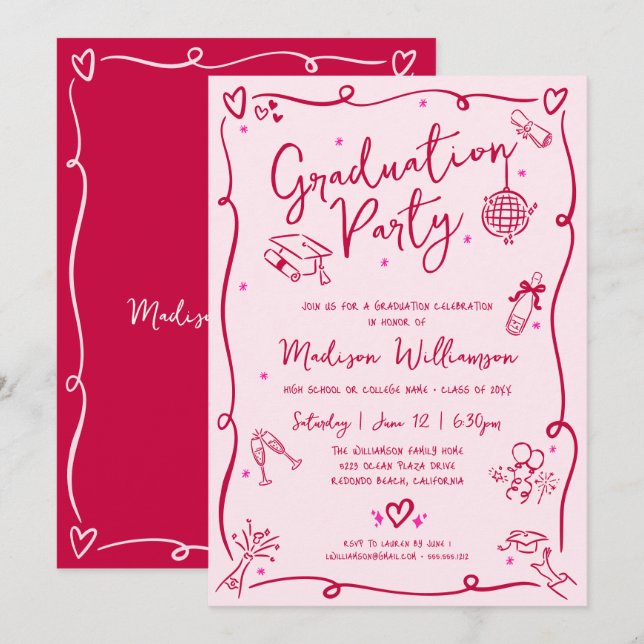 Pink Red Hand Drawn Doodles Graduation Retro Party Invitation (Front/Back)