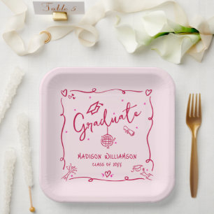 Pink Red Hand Drawn Doodles Style Graduation Retro Paper Plates