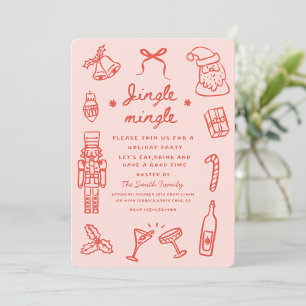 Pink Red Hand Drawn Funky Christmas Party Invitation
