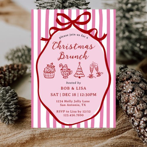 Pink & Red Hand Drawn Stripes Bow Christmas Brunch Invitation
