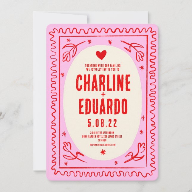Pink Red Hand Drawn Wavy Retro Wedding  Invitation (Front)