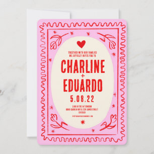 Pink Red Hand Drawn Wavy Retro Wedding Invitation