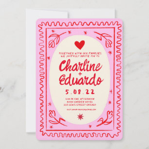 Pink Red Hand Drawn Wavy Retro Wedding Invitation