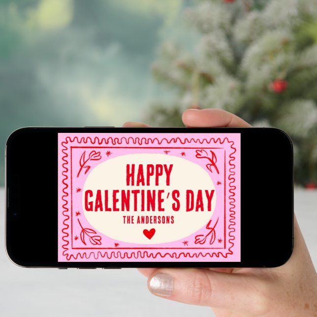 Pink Red Hand Print Retro Happy Galentine’s Day  Holiday Card (Front Digital)