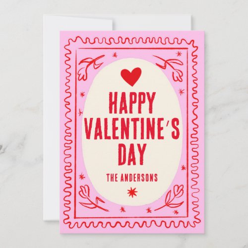 Pink Red Hand Print Retro Happy Valentines Day  Holiday Card