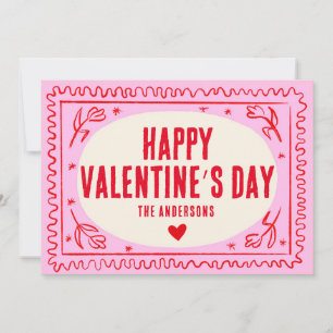Pink Red Hand Print Retro Happy Valentine’s Day  Holiday Card