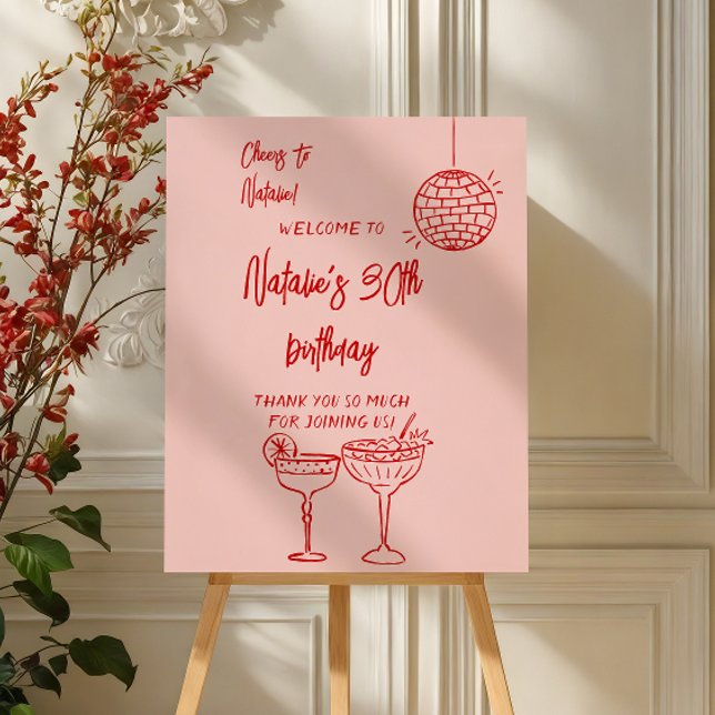 Pink Red Hand Written Drawn Birthday Party Welcome Foam Board (Creator Uploaded)