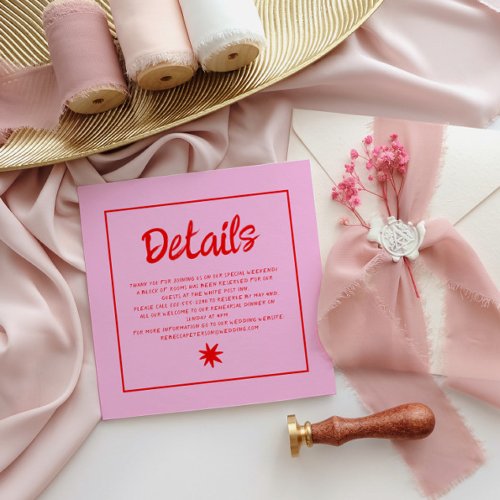 Pink  Red Handwriting Retro Wedding Details Enclosure Card