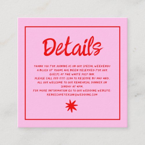Pink  Red Handwriting Retro Wedding Details Enclosure Card