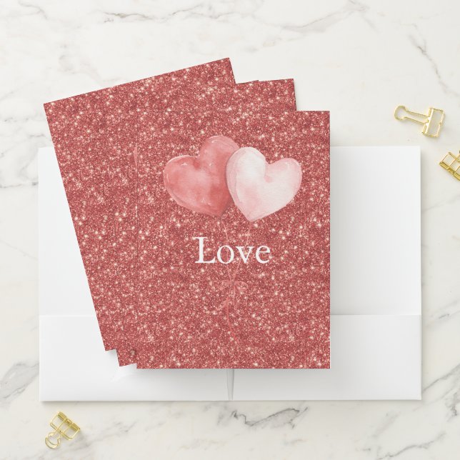 Pink Red Heart Balloons Glitter   Pocket Folder (In Situ)