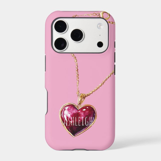 Pink Red Heart Gold Chain Necklace iPhone Case (Back)