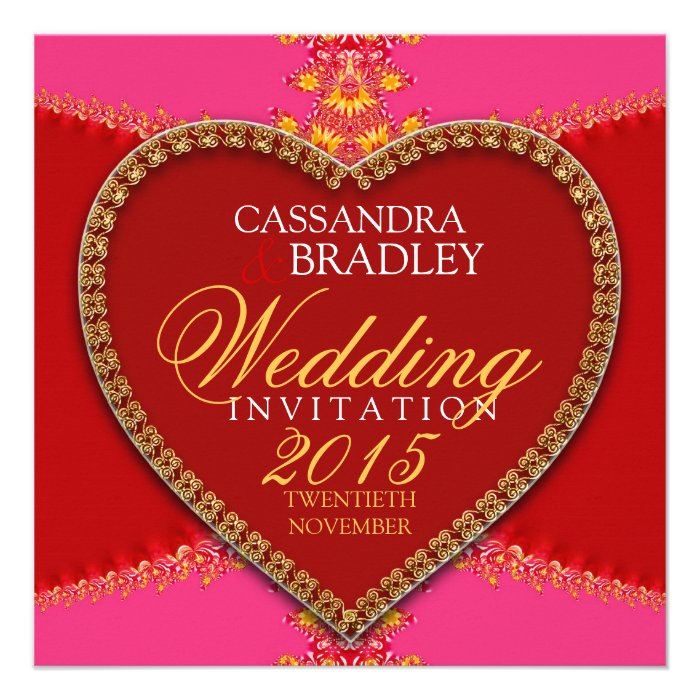 Pink Red Heart Gold Lace Wedding Invitations