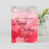 Pink Red Heart Gradient Silver Glitter Sweet 16 Invitation (Standing Front)