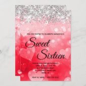 Pink Red Heart Gradient Silver Glitter Sweet 16 Invitation (Front/Back)