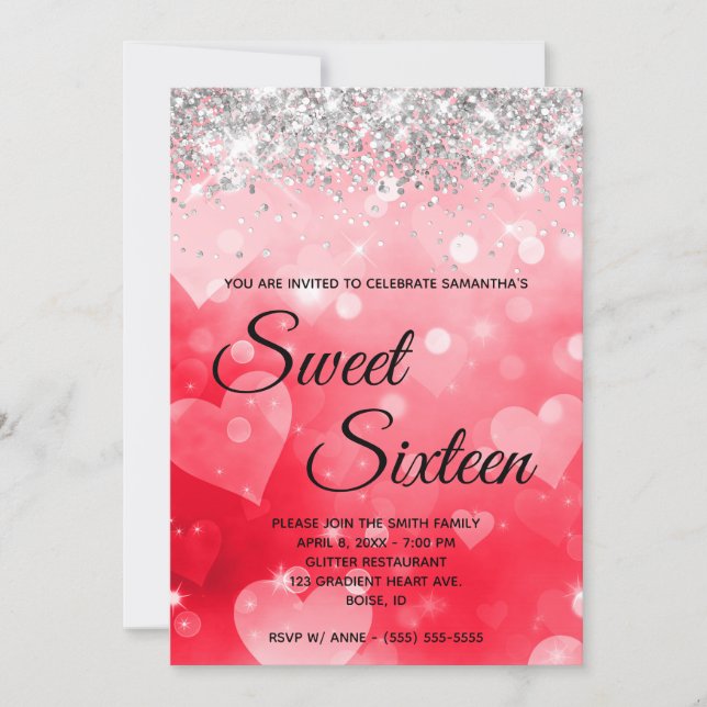 Pink Red Heart Gradient Silver Glitter Sweet 16 Invitation (Front)