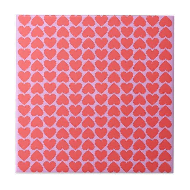 Pink Red Heart Grid Y2K Pattern Ceramic Tile (Front)