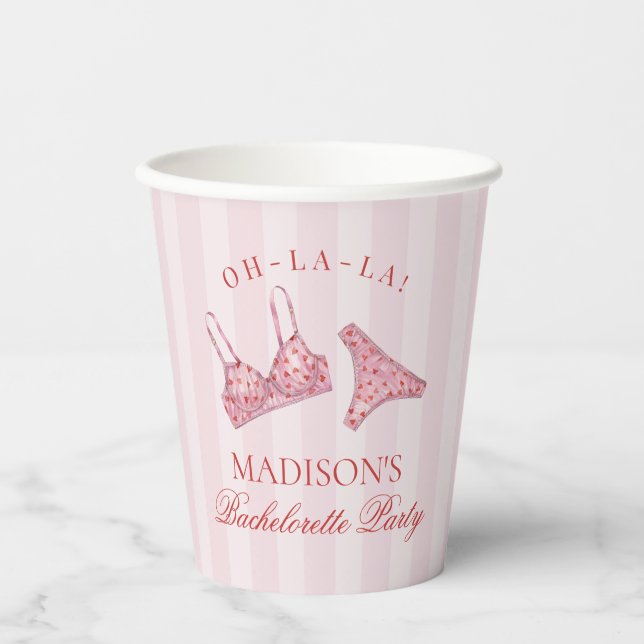 Pink & Red Heart Lingerie Bachelorette Panty Party Paper Cups (Front)