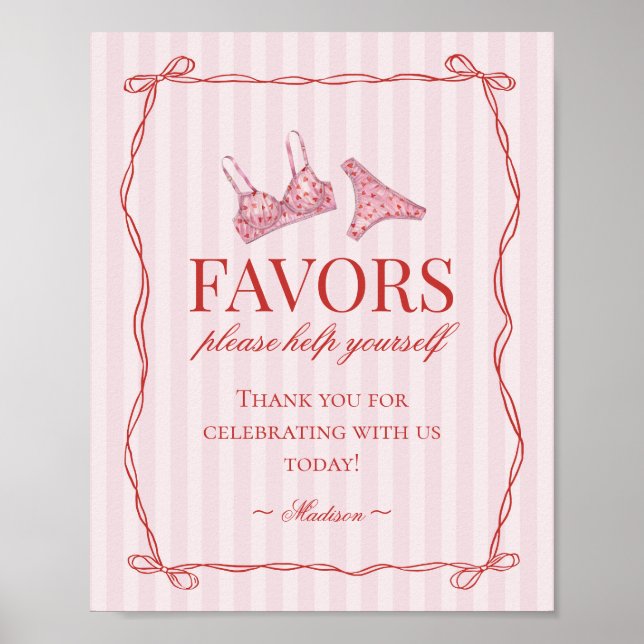 Pink & Red Heart Lingerie Bachelorette Party Favor Poster (Front)