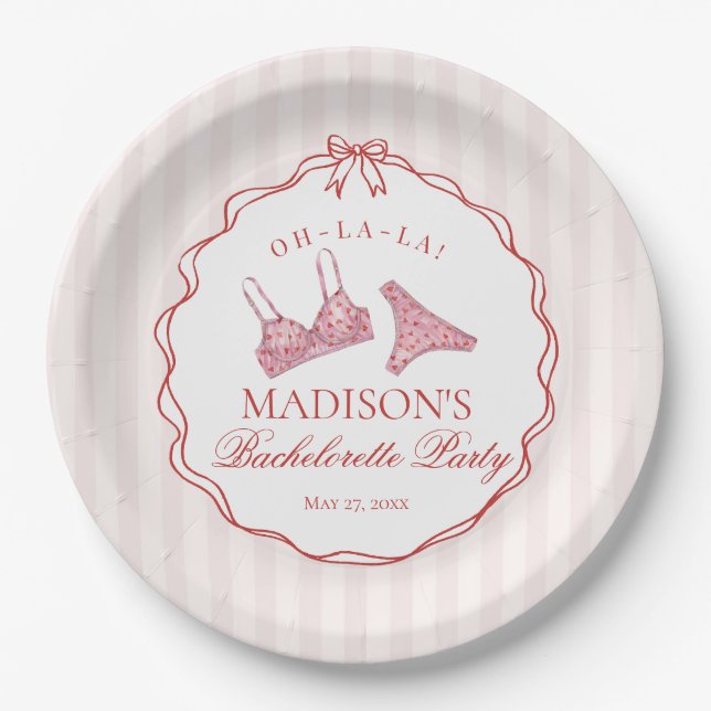 Pink & Red Heart Lingerie Bachelorette Party Paper Plates (Front)