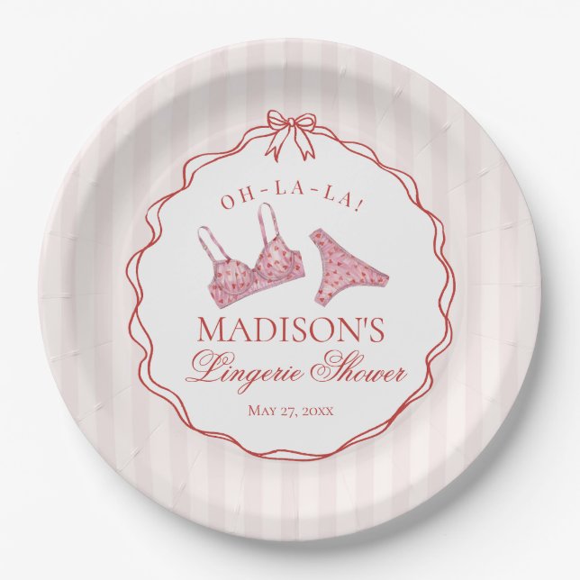 Pink & Red Heart Lingerie Shower Panty Party Paper Plates (Front)