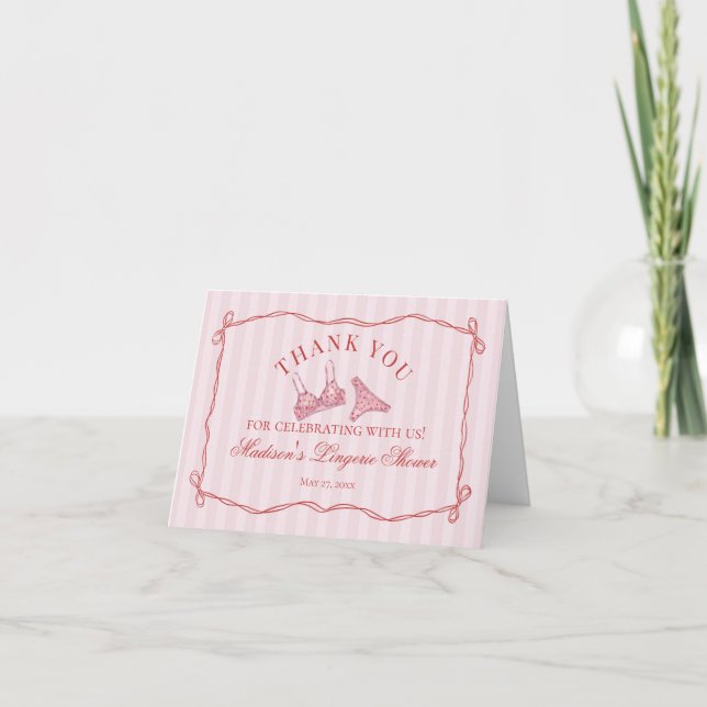 Pink & Red Heart Lingerie Shower Thank You Card (Front)