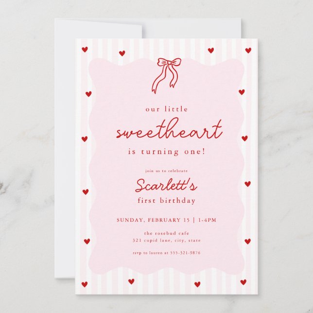 Pink Red Heart Little Sweetheart Birthday Invite (Front)