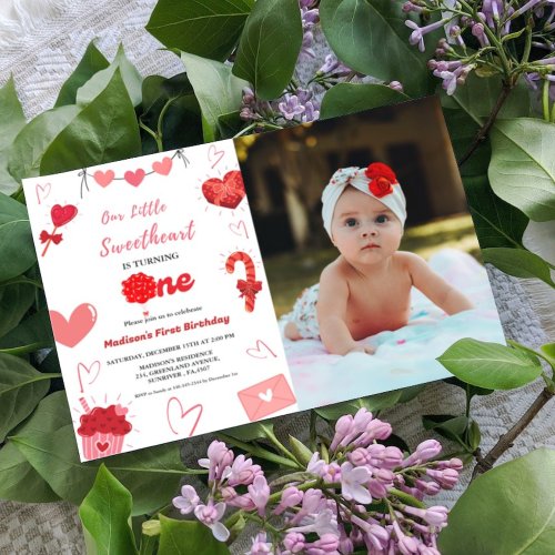 Pink  Red Heart Valentine First Birthday Invitation