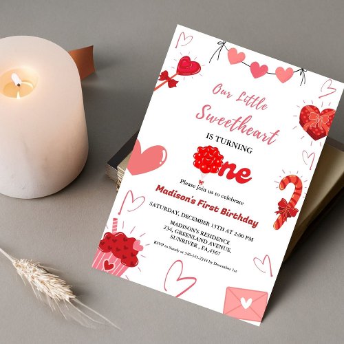 Pink  Red Heart Valentine First Birthday Invitation