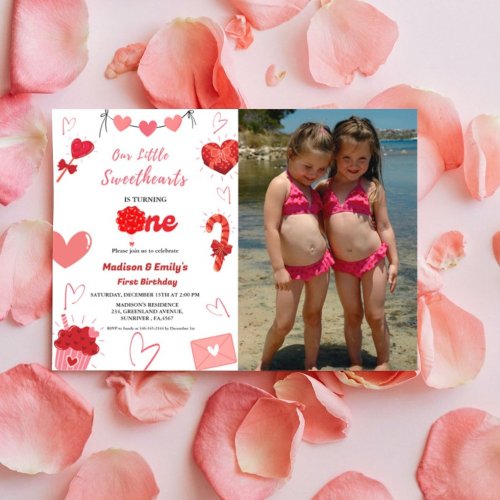 Pink  Red Heart Valentine Twin First Birthday  Invitation
