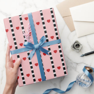 Pink & Red Hearts Checkerboard Stripe Wrapping Paper