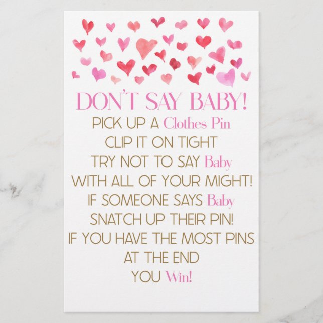 Pink Red Hearts Don't Say Baby Shower Game Stationery (Front)