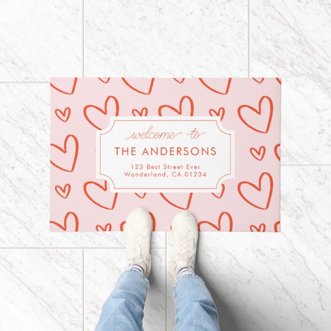 Pink & Red Hearts Family Address Doormat (Indoor)