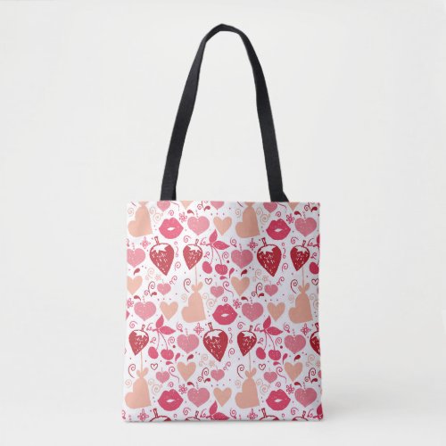 Pink Red Hearts Lips Cherries Strawberries Tote