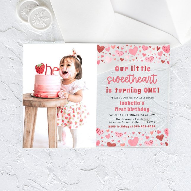Pink Red Hearts Little Sweetheart First Birthday Acrylic Invitations (Creator Uploaded)