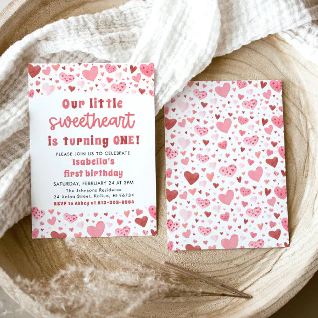 Pink Invitations Heart Pink Red Hearts Little Sweetheart First Birthday Invitation | Zazzle