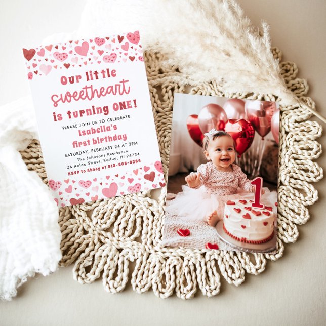Pink Red Hearts Little Sweetheart First Birthday Invitation (Creator Uploaded)