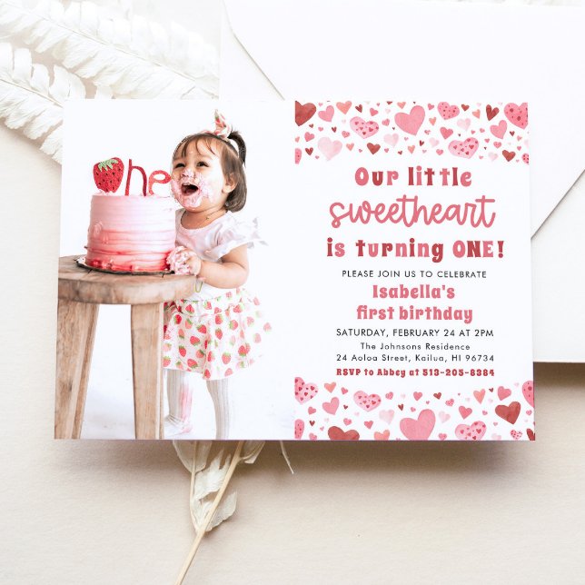 Pink Red Hearts Little Sweetheart First Birthday Invitation (Creator Uploaded)