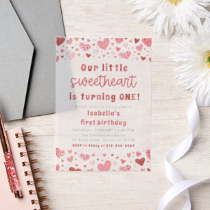 Pink Red Hearts Little Sweetheart First Birthday Vellum Invitations