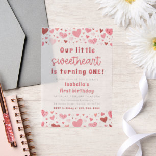 Pink Red Hearts Little Sweetheart First Birthday Vellum Invitations