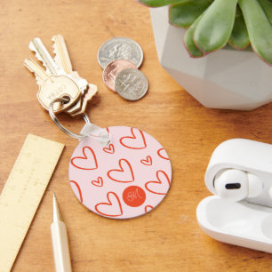 Pink & Red Hearts Pattern Monogram Keychain
