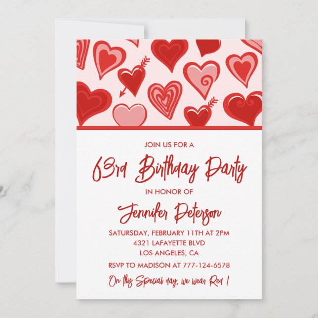 Pink Red Hearts Pattern Simple 63rd birthday  Invitation (Front)