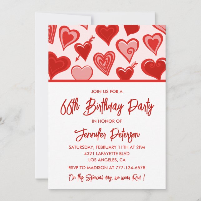 Pink Red Hearts Pattern Simple 66th birthday  Invitation (Front)