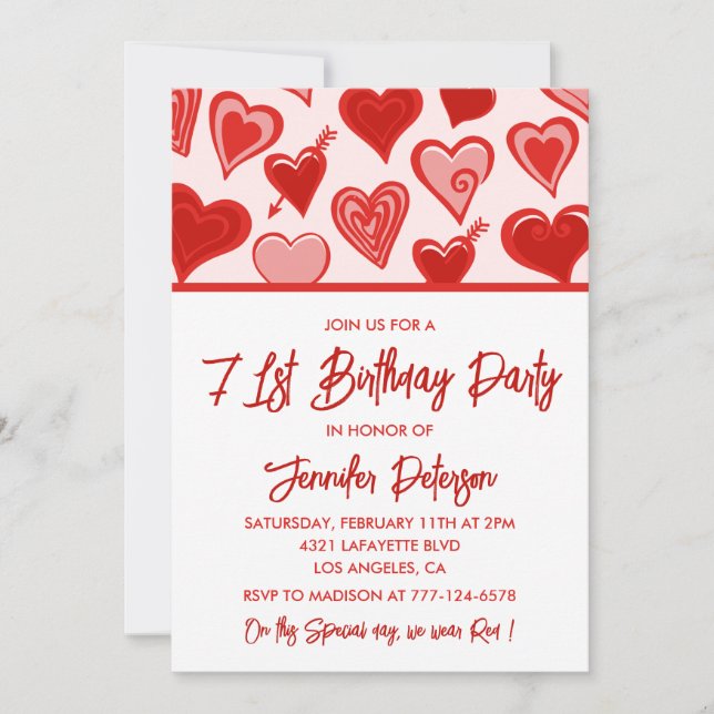 Pink Red Hearts Pattern Simple 71st birthday  Invitation (Front)