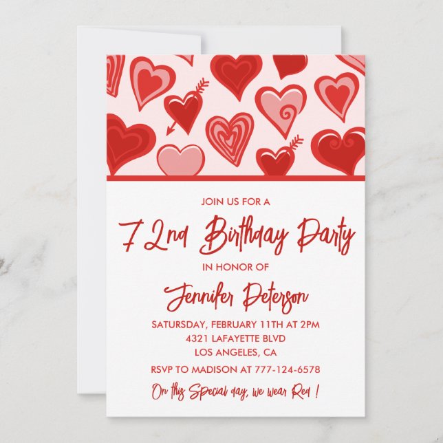 Pink Red Hearts Pattern Simple 72nd birthday  Invitation (Front)