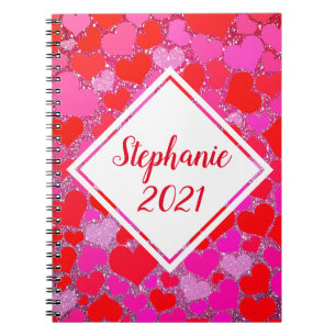 Pink Red Hearts Patterns Glitter Monogram Name Notebook