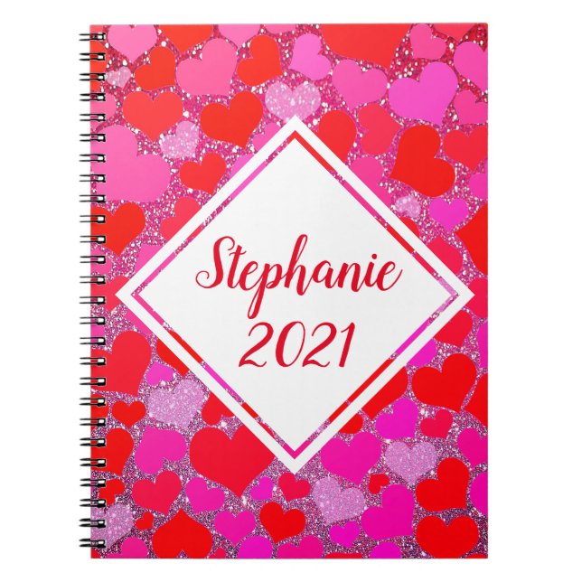 Pink Red Hearts Patterns Glitter Monogram Name Notebook (Front)