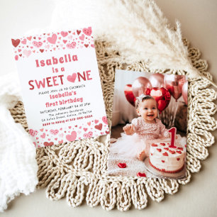 Pink Red Hearts Sweet One Valentine First Birthday Invitation