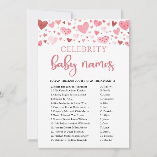 Pink Red Hearts Valentine Celebrity Baby Name Game Invitation